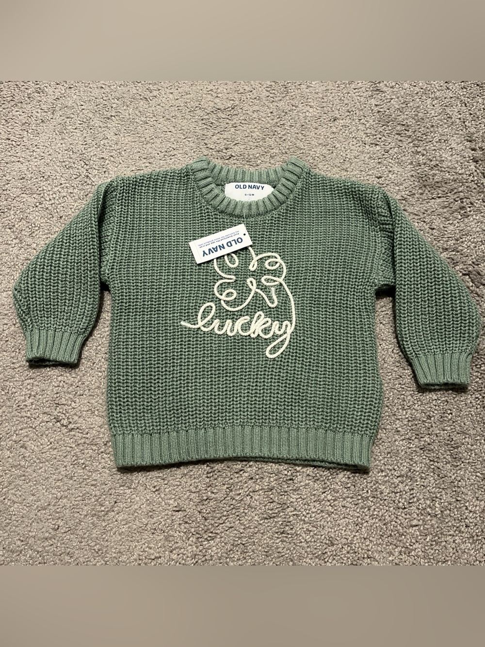 Old Navy Crew Neck Knit Pullover Sweater “lucky” - Size 6-12m NEW WITH TAG